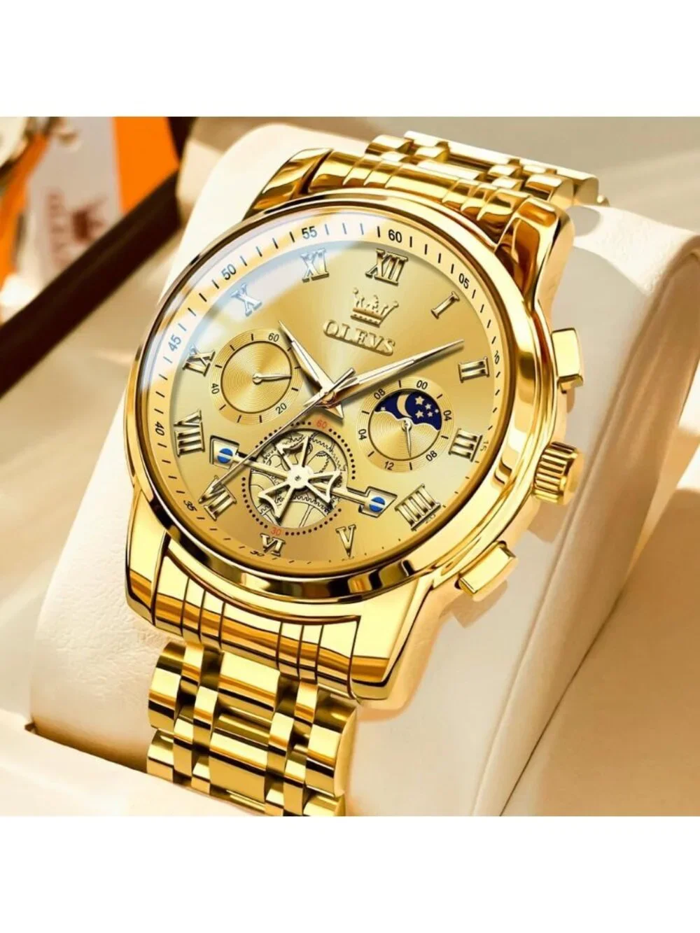 Men's Gold Band and Gold Face Stainless Steel Waterproof Big Face Wrist Watch